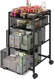 JKsmart Rolling Makeup Cart Organizer with 3 Drawers, Cosmetics Display with Dividers, Floor Skincare Storage with Wheels, Versatile Vanity Organizer for Nail Polish Perfume Brush Hair Tool, Black