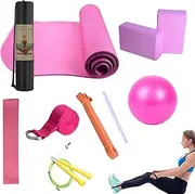 Beginner Yoga Kit, Exercise Mat with Yoga Blocks, Portable Resistance Band, Exercise Equipment for Home Gym Pilates, Stretching