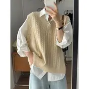 V-Neck Sweater Vest / Collared Plain Shirt Vest - Light Almond - S