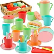 JQLM Pretend Play Kitchen Accessories Toys Set,Plastic Dishes Toy Set Include Plates&Teapot&Cups&Forks& Knife&Carry Basket,Pretend Cooking Accessories,Gifts for 2 3 4 5 6 Years Old Girls Boys Toddler