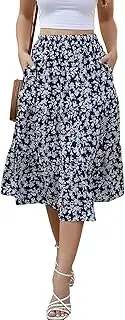 [Lyrur] Women's Floral Midi Skirt with Pockets High Elastic Waist Flowy Ruffle Casual Summer Boho Aline Skirts