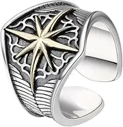 TYMONT S925 Sterling Silver Cross Starburst Men's Ring, Vintage Starburst Opening Adjustable Sterling Silver Ring,Silver,10