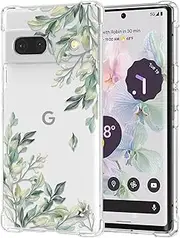 [RALEAVO] Floral Case for Google Pixel 7a,Clear Leaves Flower Phone Case Slim Cute Cover for Girls Women,Transparent Soft Silicone Four Corners Shockproof Phone Cover,Green Leaves