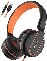AILIHEN USB C Headphones Wired, I35 Kids Headphones with Microphone and Volume Limited 93dB, Super Soft Type C Headphone for School/Travel/iPhone 15-16/USB C Devices(Black Orange)
