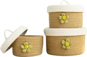 A Set of Three Large Covered Storage Baskets, Handmade Woven Fresh Style Desktop Decoration, Organizing Household Miscellaneous Items