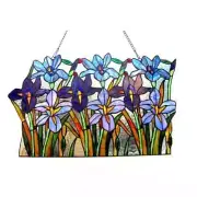 24" Stained Glass Window Panel Handcrafted Iris Floral Suncatcher