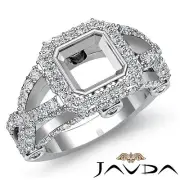 Asscher Semi Mount Diamond Cross Shank Halo Engagement Ring 14k White Gold 1.4Ct