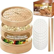 DEALZNDEALZ 10 inch Handmade Natural Bamboo Dumpling Steamer 2 Tiers Basket with Lid includes 50 Wax Papers, 2 Pair of Chopsticks