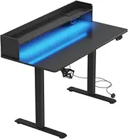 Ufurniture Electric Standing Desk with Power Outlets, Adjustable Height Sit Stand up Desk with RGB Light Monitor Shelf, Whole Piece Desktop 120cm Black Desktop+Black Frame