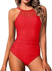 [Holipick] Red Women High Neck One Piece Swimsuit Tummy Control Modest Bathing Suit Mesh Swimwear M, Red, Medium