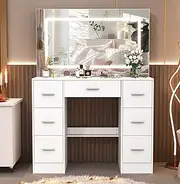 Large Makeup Vanity with LED Lighted Mirror, Vanity Desk with 7 Drawers for Bedroom, Makeup Table for Bedrroo,White