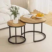 Smuxee Nesting Coffee Table Set of 2, 23.6" Round Coffee Table Brown Wood with Adjustable Non-Slip Feet, Industrial End Table Side Tables for Living Room Bedroom Balcony Yard