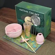 6 Pack Matcha Whisk Set, Japanese Tea Set Includes Matcha Bowl with Spout, Bamboo Matcha Whisk and Scoop, Matcha Whisk Holder, Stainless Steel Sifter, Scoop Stand, Matcha Kit for Matcha Love (Pink)