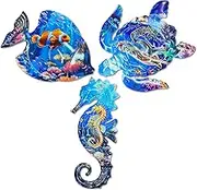 LIFFY Metal Fish Wall Decor Ocean Themed Sea Turtle Fish Seahorse Coastal Wall Sculpture, Nautical Outdoor Decor For Garden, Fence, Patio, Pool,Beach,Bathroom (3 Pcs)