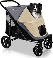 Totoro Ball Dog Stroller for Medium/Large Dogs - One-Key Folding 4 Wheel Pet Jogger for 2 Dogs With Storage Pocket - Suitable for Pets Up to 120LBS (Beige & Grey)