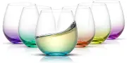 JoyJolt HUE Stemless Wine Glass Set. Large, 15 oz, Stemless, Set of 6. Short Wine Tumblers for White Wine, Red Wine, Water, No Stem Margarita Glasses, Colored