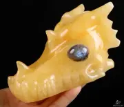 5.0" Beeswax Jade Carved Crystal Dragon Skull with Labradorite Eyes, Realistic
