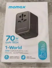 Momax 1-World 70W GaN Universal Travel UK EU AU US Multi Plug Adapter Black NEW
