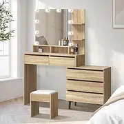 [OIKITURE] Dressing Table with Mirror Light Makeup Vanity Desk with Side Cabinet Vanity Table with Shelves, Blubs and Stool Wood