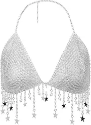 [YJZQ] Women Sequin Bra Tassels Stars Neck Vest Sexy Bra Sparkling Backless Top Belly Dance Costume with Tassels Glitter Lingerie for Night Club Belly Dance Boho Latin Dance Music Festival