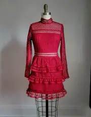 DEEP CLARET RED TIERED LACE DRESS w/ SEMI SHEER PANELS Perfect Holiday Dress !