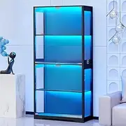 Display Cabinets 4-Tier Black with 3-Color LED Lights - Adjustable Bookshelf Storage & Curio Showcase for Collectibles, Funko Pops, Trophies, Books, Tempered Glass Door