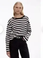 Witchery Drop Shoulder Pure Cotton Stripe Top Blouse, Black, Size M, 12, BNWT