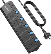 Yundian Power Strip with Individual Switches, 5 AC Outlets, 2 USB A and 2 USB C Surge Protector 2m Extension Cord, 2400W/10A, 170 Joules, USB Power Board Switch for Home and Office Use (Black)