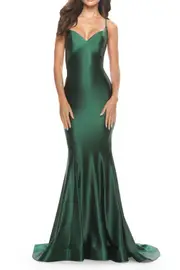 La Femme Liquid Jersey Mermaid Gown with Lace Up Back in Dark Emerald at Nordstrom, Size 8