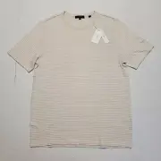 $150 New VINCE Men Small Crew Neck T Shirt LINEN COTTON Sand Beige White Striped
