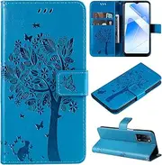 [Zchen] for Oppo A16 Case, Faux Leather Wallet Mobile Phone Protective Book Flip Design Case Cover for Oppo A16/A16S (Cat Blue)