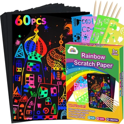 Scratch Paper Art Set 60 Pcs Magic Black Drawing Craft Kit Kids Toddler Ages 3-1