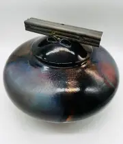 MARK HINES Ceramic Studio Pottery Urn And Lid Stunning Iridescent Colors. MINT