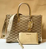 MICHAEL KORS MIRELLA MD SATCHEL SHOULDER BAG + DOUBLE ZIP WALLET MK PALE GOLD