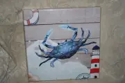 NEW Paimuni BEACH Canvas PRINT Blue CRAB w LIGHTHOUSE & Life Preserver 12"x12"