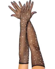 Black Rhinestone Fishnet Opera Length Gloves