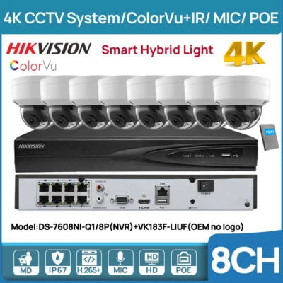 Hikvision 8CH 4K NVR CCTV System 8MP IP Camera Hybrid Light ColorVu+IR MIC POE