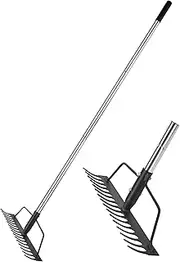 15 Inch Wide Heavy Duty Bow Rake, 16 Steel Tines Metal Head Rake Tool with Stainless Steel Handle, Adjustable Long Handle Garden Rake for Loosening Soil Leveling Mulch Gathering Lawns Leaves