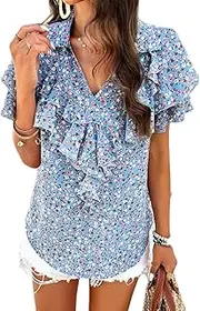 [ZPLxi] Womens Summer Tops Short Sleeve Fashion Floral Ruffle V Neck Blouses Casual Chiffon Printed Shirts Top