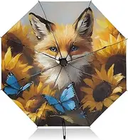 [PDZRMY] Fox Sunflower Butterfly UV Protection Travel Umbrella Compact for Rain and Sun - Auto Open and Close UPF 50+ Windproof Portable 46” Sun Umbrella for Women and Men