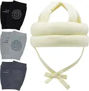 Baby Head Protector Helmet & Baby Knee Pads 3 Pairs Toddler Protector Cap Soft Cotton Cushion, Adjustable Bump-Free Safety Hood to Crawling, Walking, and Running