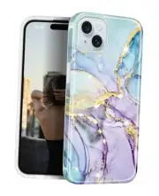 Compatible with iPhone 15 Case Gold Sparkle Glitter Marble Design Purple Blue