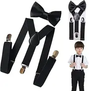 [KLLJ] Braces Bow Tie Set, Children's Braces Bow Tie Set, Y-Shape Adjustable Braces, Adjustable Bow Tie and Braces in Set for Boys and Girls, black, Large