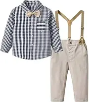 [TJTJXRXR] Kids Boys Formal Suspender Outfits sets,Long Sleeve Bowtie Plaid Shirts + Suspender Pants Wedding outfits