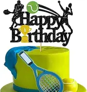 Tennis Birthday Cake Topper Happy Birthday Sign Cake Decorations for Tennis Racket Ball Player Sport Theme Man Boy Girl Birthday Party Supplies Glitter Black Décor
