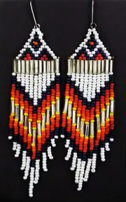 Beaded White and Orange Fringe Earrings - Sioux Handmade
