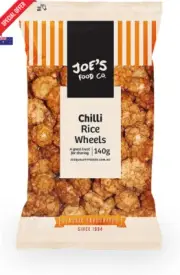 Joe's Food Co. Chilli Rice Wheels 140g – Spicy Crunchy Snack, Australian Made