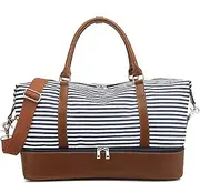 [Goodsnetic] Large Women Canvas Weekender Bag for Travel, 45L Travel Tote Duffel Shoulder Weekend Bag Unisex Overnight Handbag Carry on Duffel Bag (X-Large,Black Stripe)