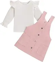 [HEOXIN] Baby Infant Toddle Corduroy Strap Skirt, Toddler Tops + Corduroy Skirt 2-Piece Set, Newborn T-Shirt with Ruffle Sleeve, Sleeveless Corduroy Skirt with Pockets and Button, Jumpsuit Dress for 12