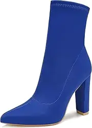 [sexrosly] Women's High Heeled Booties Pointed Toe Mid Calf Ankle Boots Block Chunky Heels boot Stretch Lycra Fashion Sexy Wedding Short Bootie